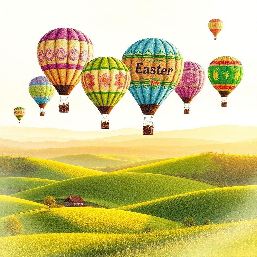 A cheerful scene of hot air balloons in vibrant colors soaring above a lush green countryside, under the clear blue sky, celebrating Easter and springtime festivities.