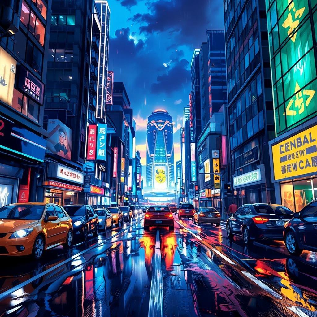 Una bulliciosa ciudad futurista bajo un cielo vespertino. Las calles empapadas de lluvia reflejan un colorido mosaico de luces de neón de rascacielos y anuncios, creando una atmósfera dinámica y vibrante.