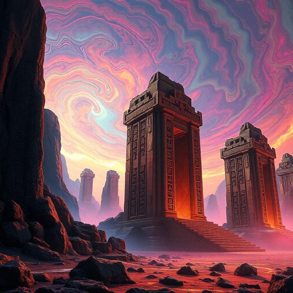 A fantastical landscape featuring ancient ruins and a vibrant cosmic phenomenon as the sun sets.