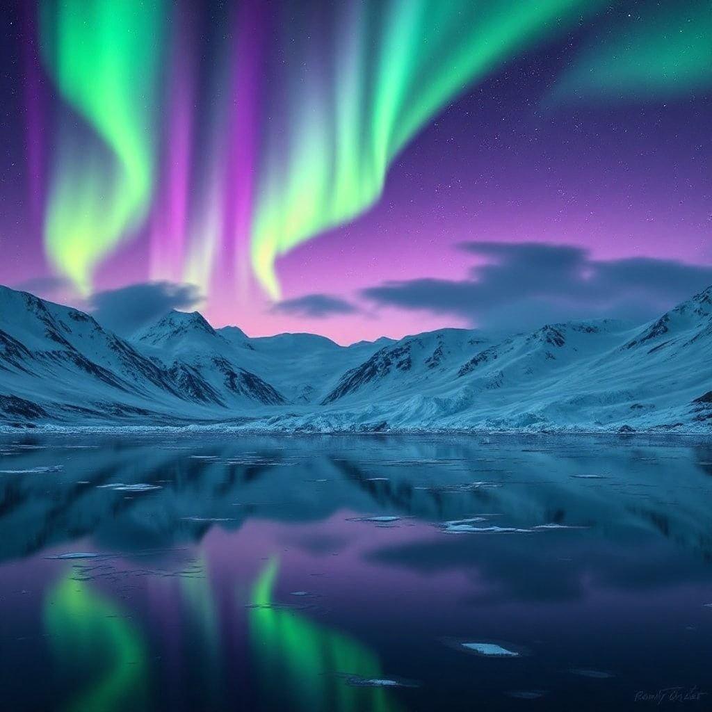 Experience the breathtaking beauty of the Aurora Borealis as they dance across the night sky. Watch as the vibrant green and blue hues fill the horizon above the serene landscape below.