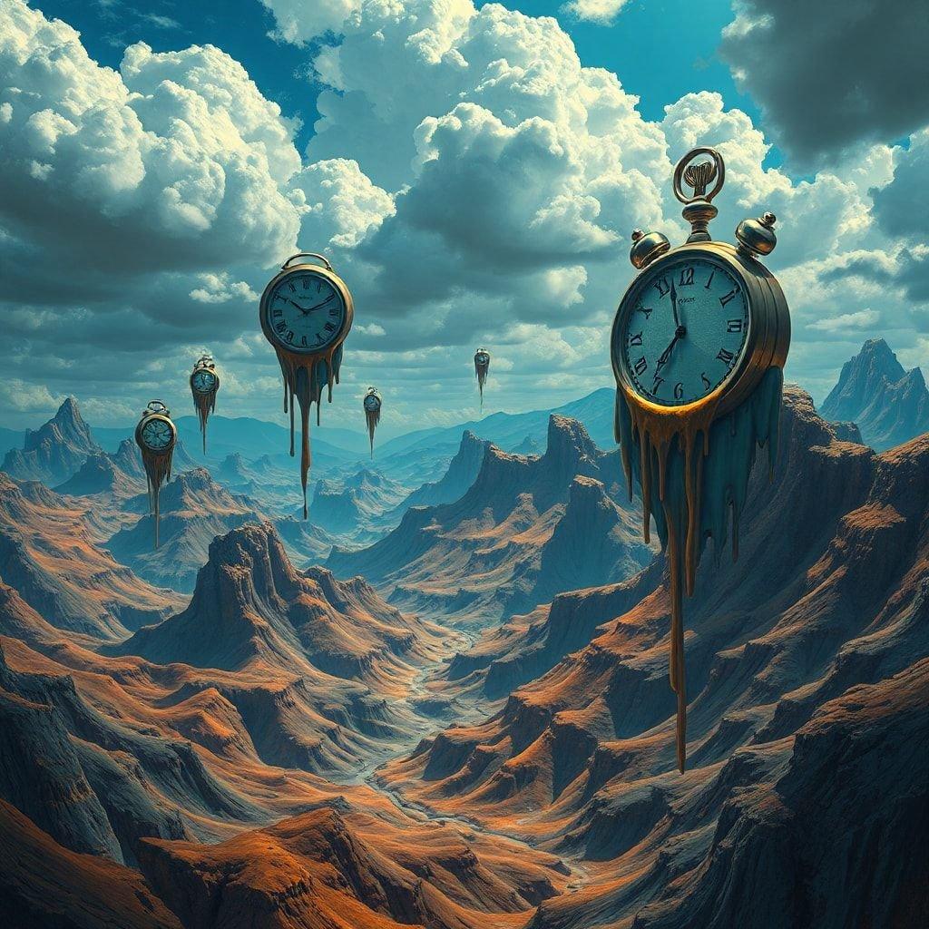 This image is a surreal landscape with clocks floating in the sky, creating a dreamlike atmosphere. The clocks are melting and dripping, adding to the surreal quality of the image. The sky is blue with white clouds, and the mountains are brown and rugged. The overall effect is one of timelessness and otherworldliness.