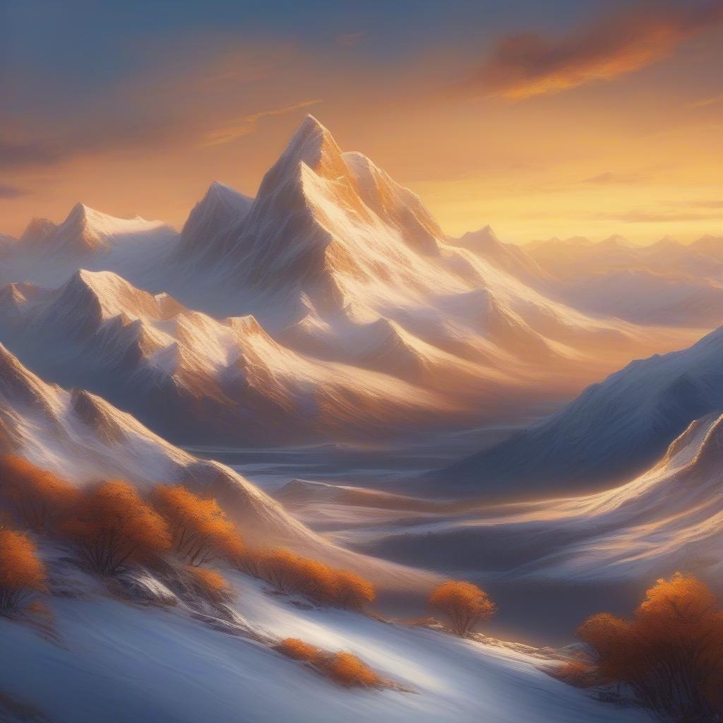 A picturesque view of snow-capped mountains under the vibrant glow of a sunrise, with the valley awash in the warm light.