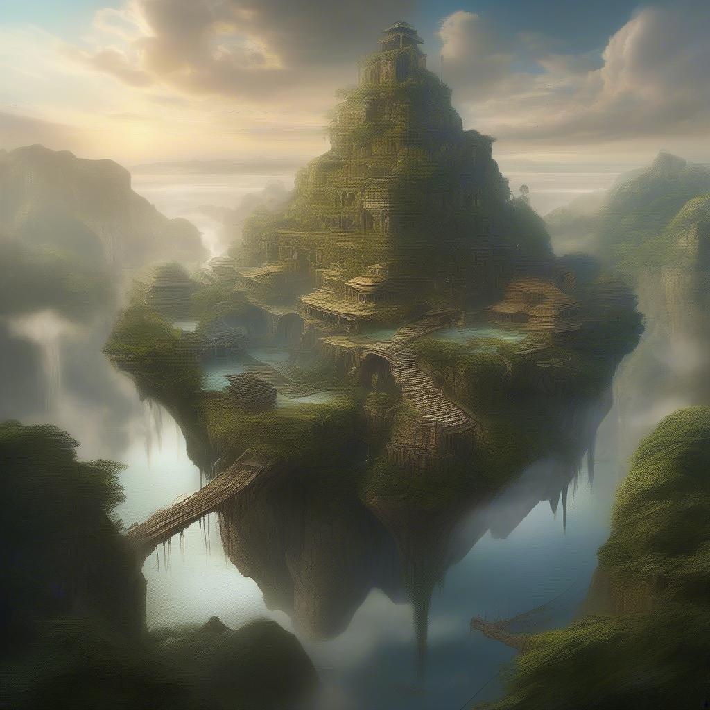 A stunning 3D art wallpaper featuring a fantastical floating island with a castle and a bridge. The island is surrounded by a body of water and has a misty atmosphere, creating a dreamy and otherworldly feel. Perfect for fans of science fiction, fantasy, and technology.