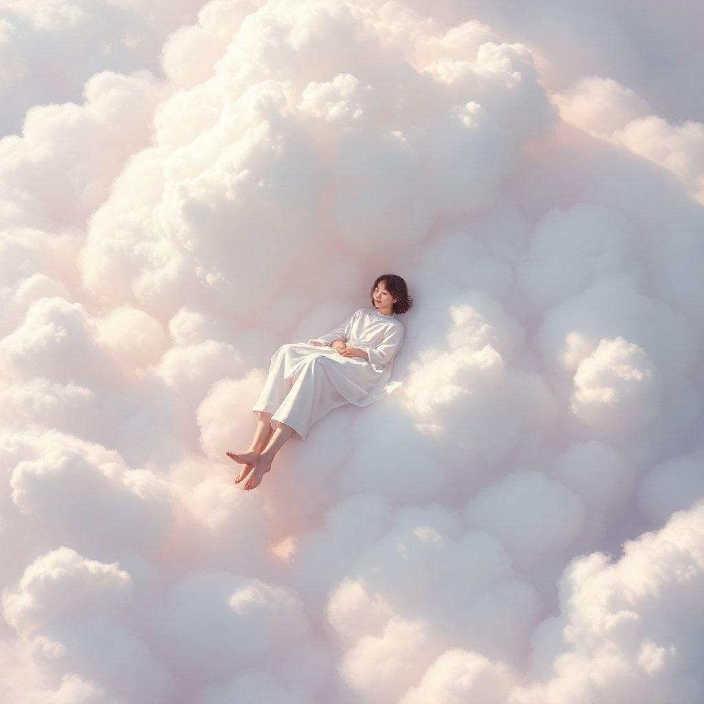 This wallpaper captures the essence of a peaceful and serene moment, where a woman floats effortlessly among fluffy clouds, exuding a sense of calm and tranquility.