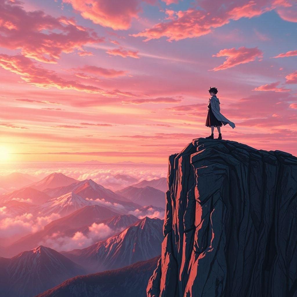 A captivating anime image featuring a lone figure standing on a cliff, gazing out at the breathtaking Japanese Alps landscape under a vibrant pink and orange sky.