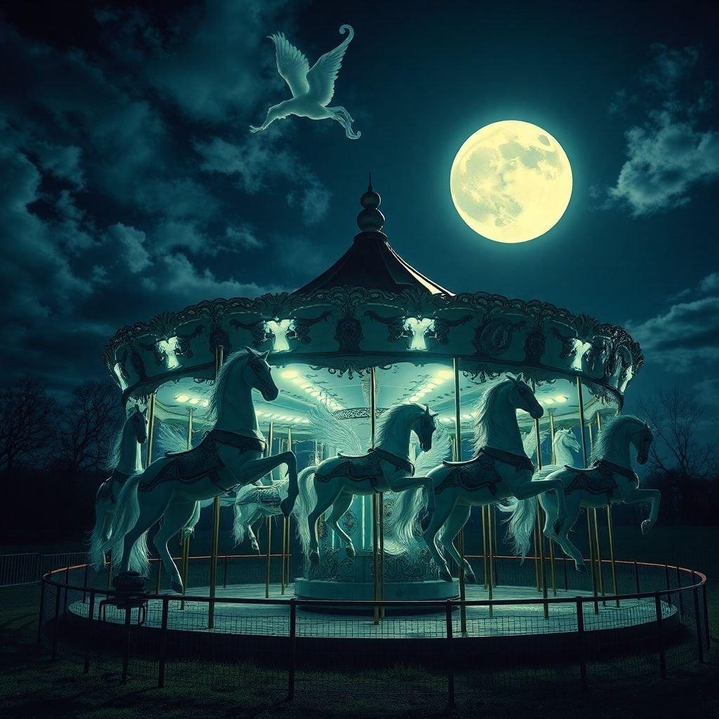 This Halloween wallpaper features a spooky carousel under a full moon. The carousel is surrounded by a fence, adding to the eerie atmosphere. The image is perfect for those who love Halloween and want to add a touch of spookiness to their desktop or mobile wallpaper.