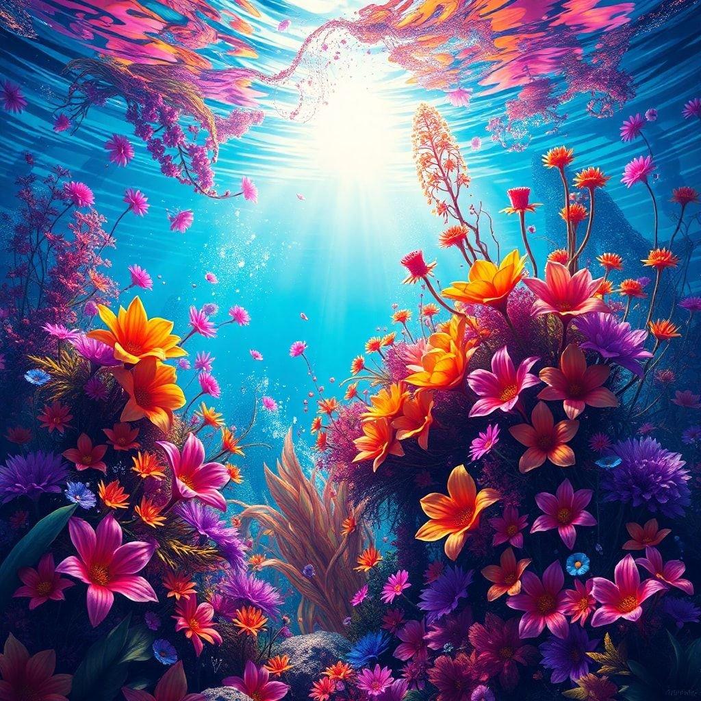 Este impresionante fondo de pantalla presenta una escena submarina impresionante, llena de un caleidoscopio de flores coloridas. Los vibrantes tonos de rosa, naranja, amarillo y púrpura crean un contraste visualmente impactante contra el profundo azul del agua, mientras que la luz del sol que se filtra a través de la superficie añade una sensación de profundidad y dimensionalidad a la imagen.