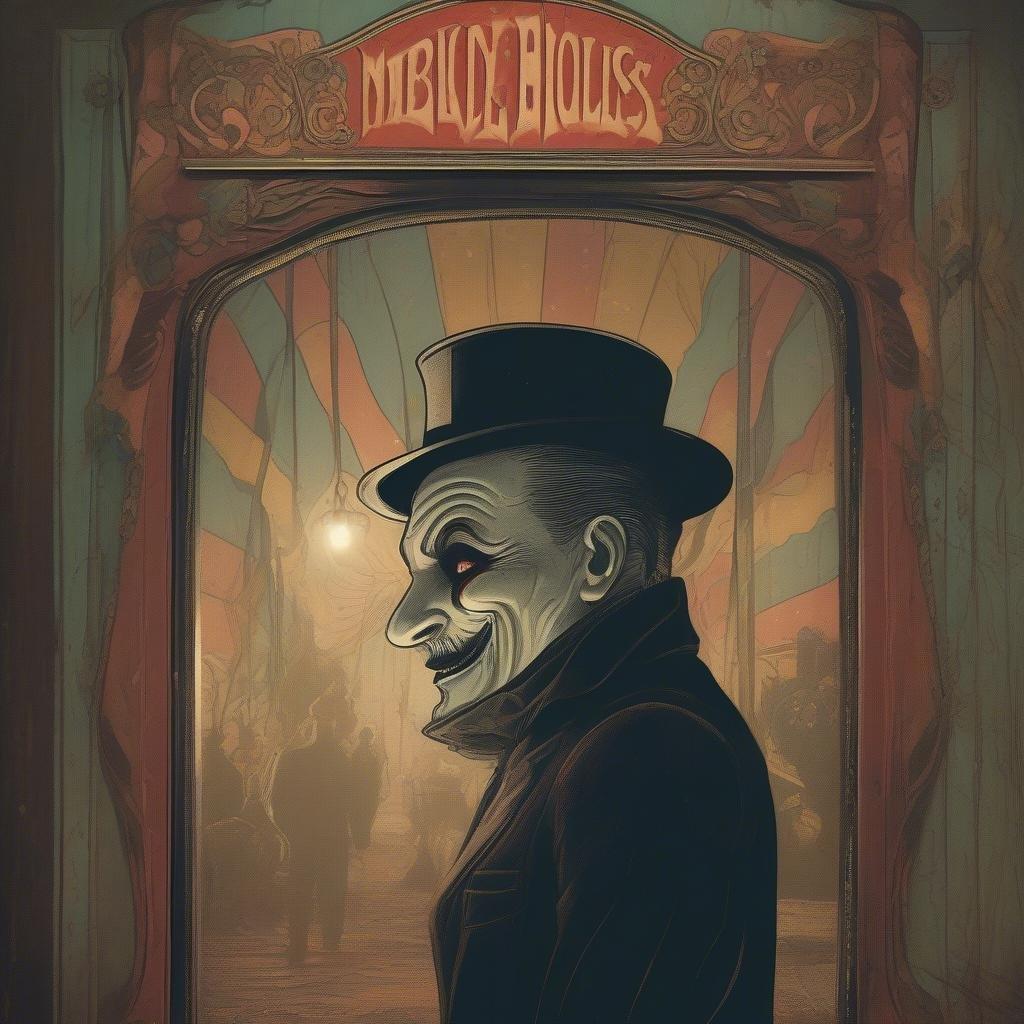 Stroll through a foggy, abandoned carnival with eerie lights. Join the mysterious Joker-like character as he stands by his cart, inviting you into the world of the sinister.