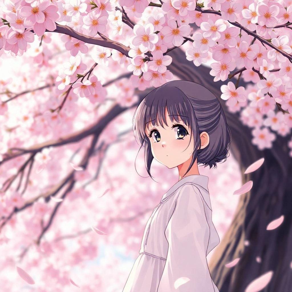 A serene and peaceful anime illustration of a young girl surrounded by a giant cherry blossom tree, with petals falling gently around her, capturing a moment of tranquility.