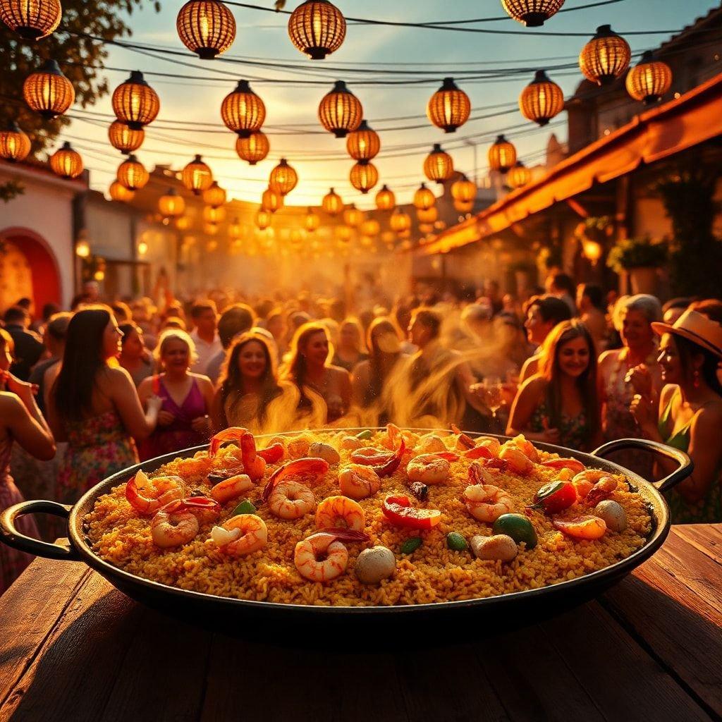 Vibrant gathering with traditional Spanish dishes, including a delicious paella at sunset. This festive scene captures the spirit of outdoor celebration and culinary traditions.