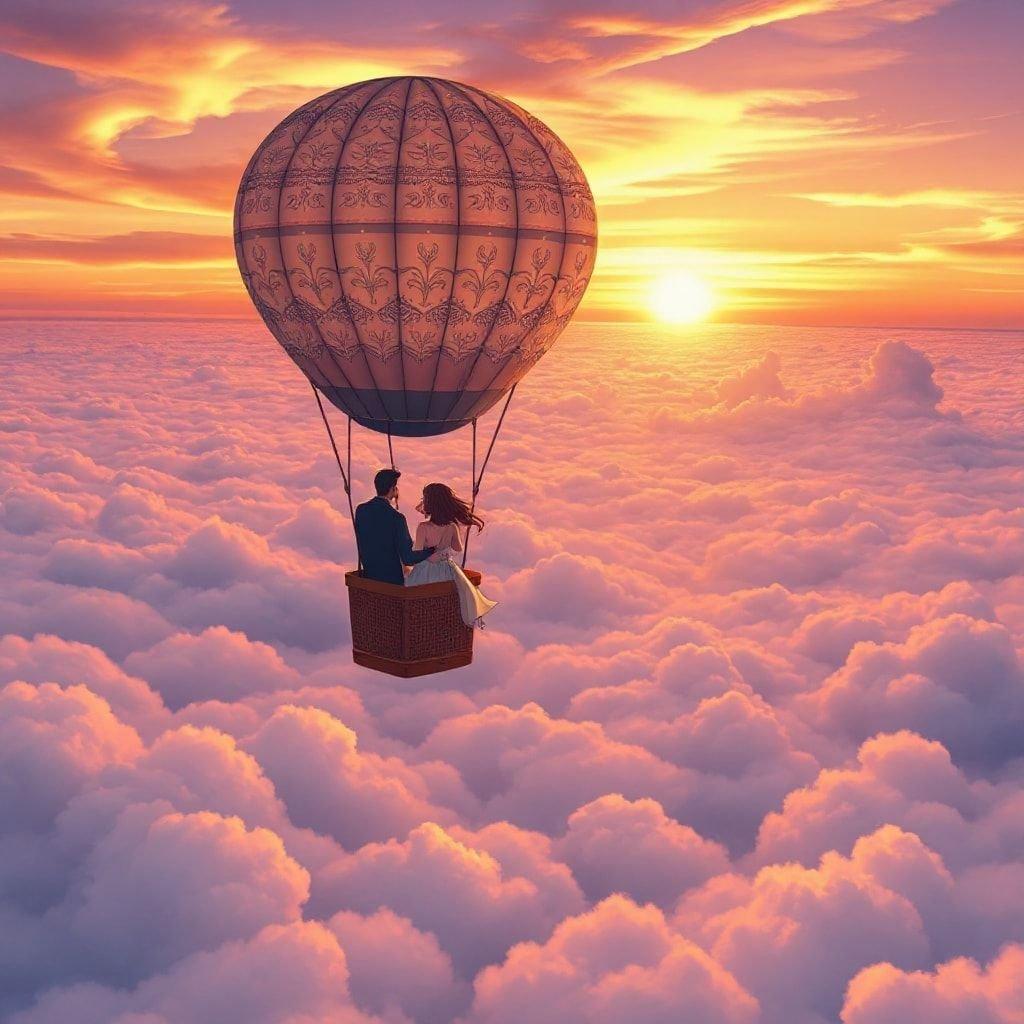 A romantic journey in the clouds as a couple celebrates their love on a hot air balloon. The soft glow of the sunrise paints a picturesque backdrop for their special day.