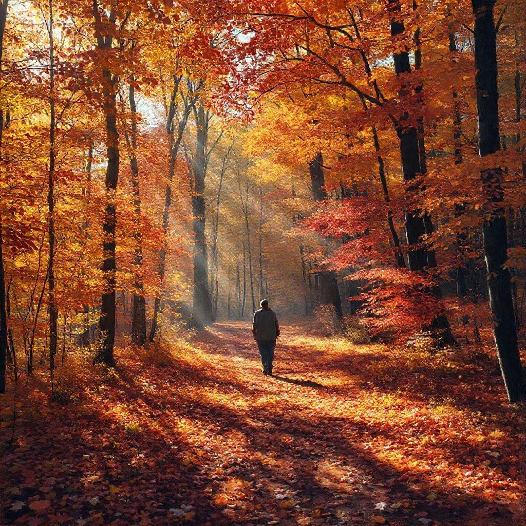 A peaceful walk in a beautifully lit forest during the autumn season, where fallen leaves carpet the path and the sun filters through the trees creating a serene atmosphere.