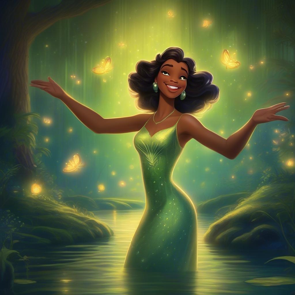 Embracing the magic with an enchanting smile, Princess Tiana from Disney's 'The Princess and the Frog' is a charming figure in her signature green dress.