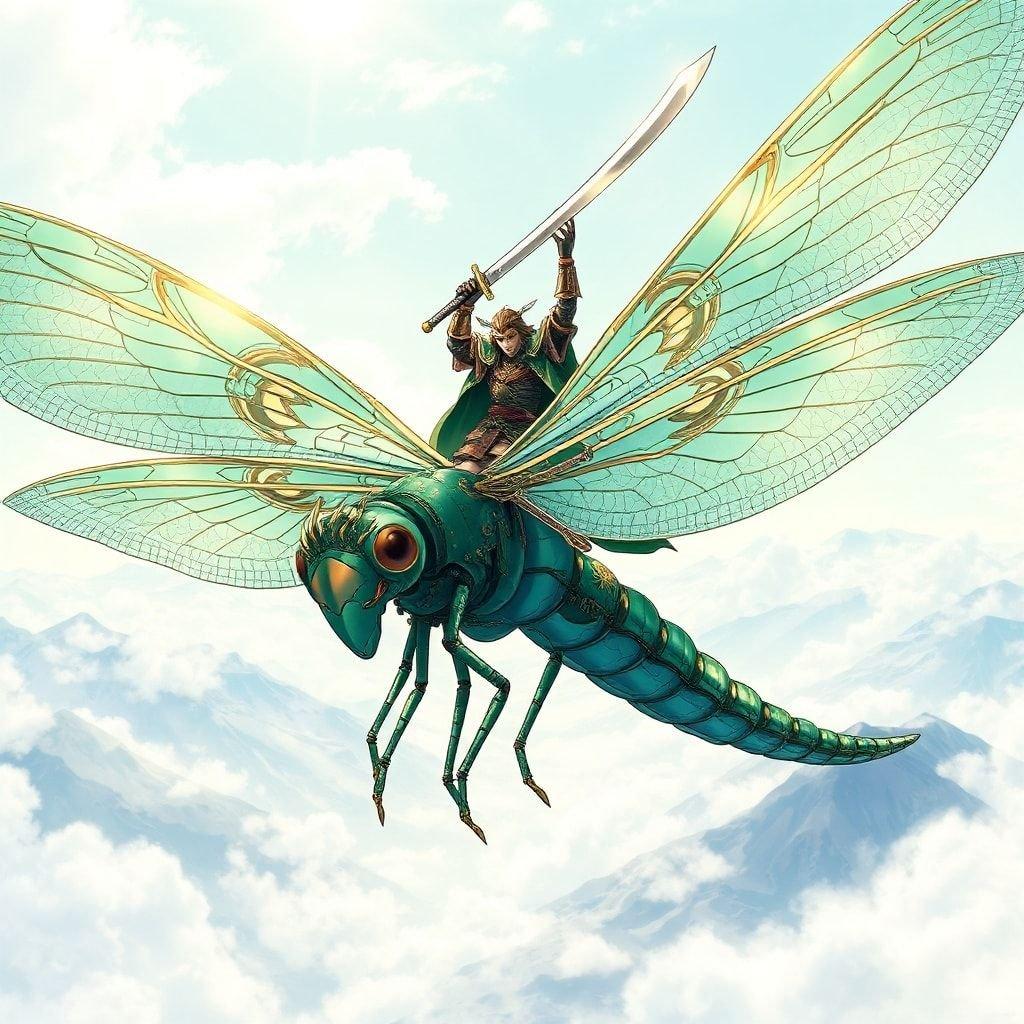 Immerse yourself in the world of anime with this captivating illustration of a samurai riding a majestic dragonfly. The intricate patterns and scales on the dragonfly's body add a touch of elegance, while its spread wings convey a sense of power and motion. Set against a misty mountain range, this wallpaper transports you to a realm of fantasy and adventure.