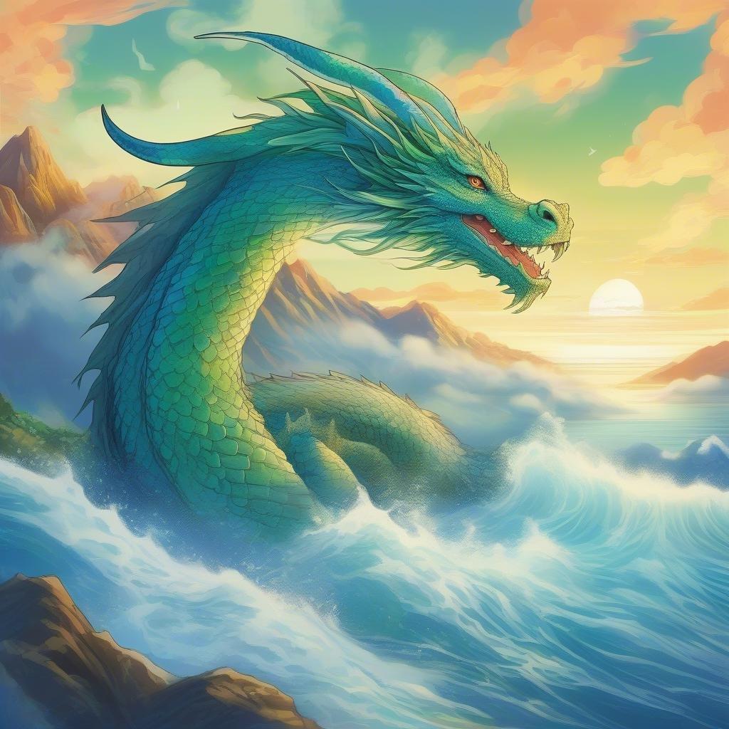 This stunning anime-style illustration features a majestic blue and green dragon soaring on the crest of light waves. The misty mountain range in the background adds an air of mystery, while the warm glow enveloping the scene captures the essence of movement and power. With intricate details and vibrant colors, this wallpaper is sure to bring a touch of fantasy to your desktop or mobile device.