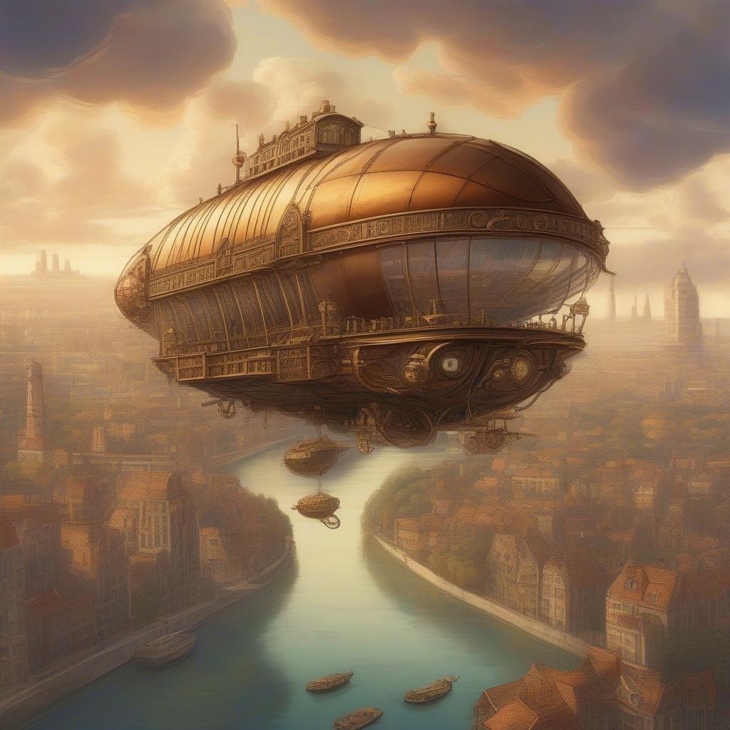 Embark on a steampunk adventure soaring over a vibrant cityscape aboard a magnificent airship. The intricate design and machinery hint at the complex technology of this alternate reality.