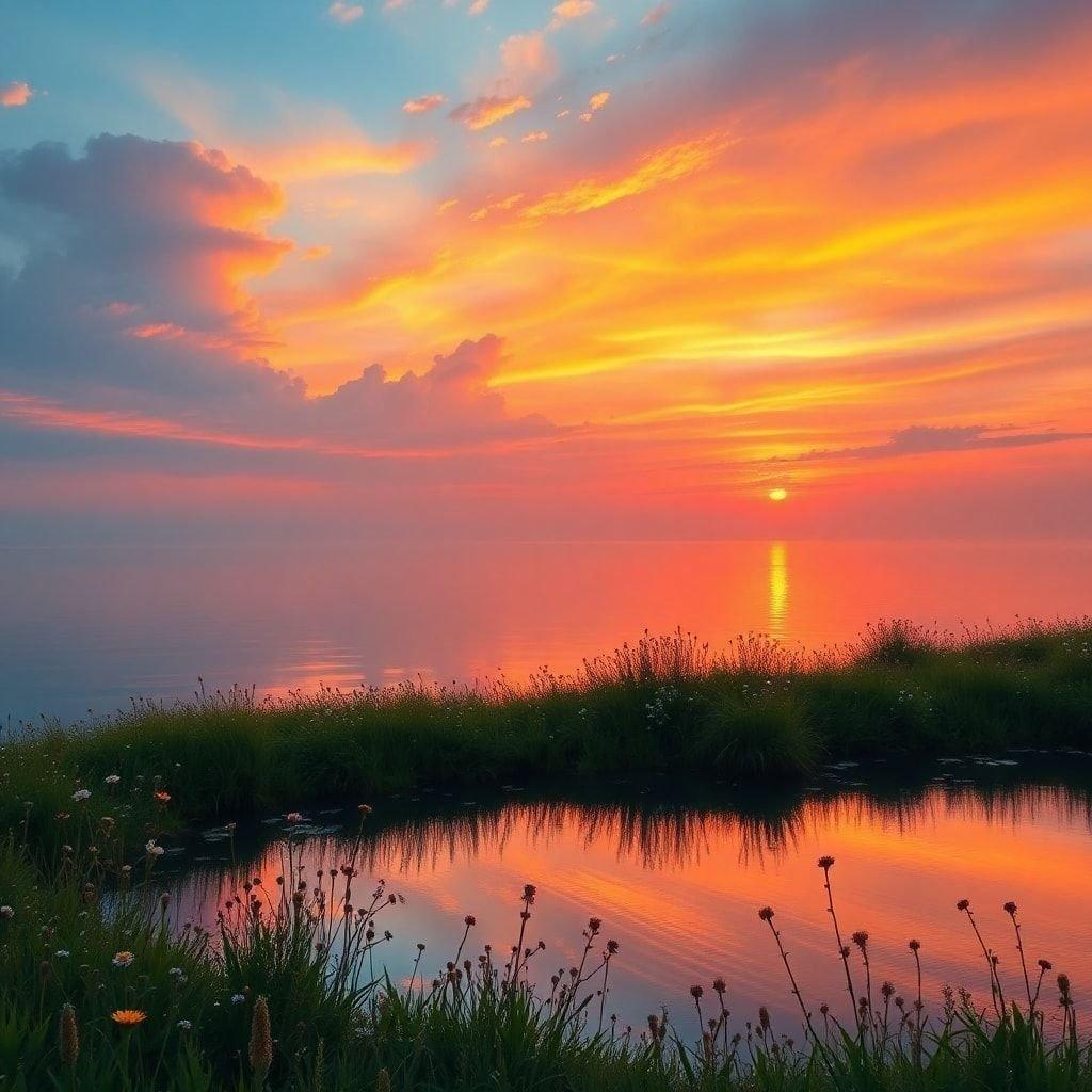 A breathtaking sunset over the ocean, with a beautiful sky and calm waters.