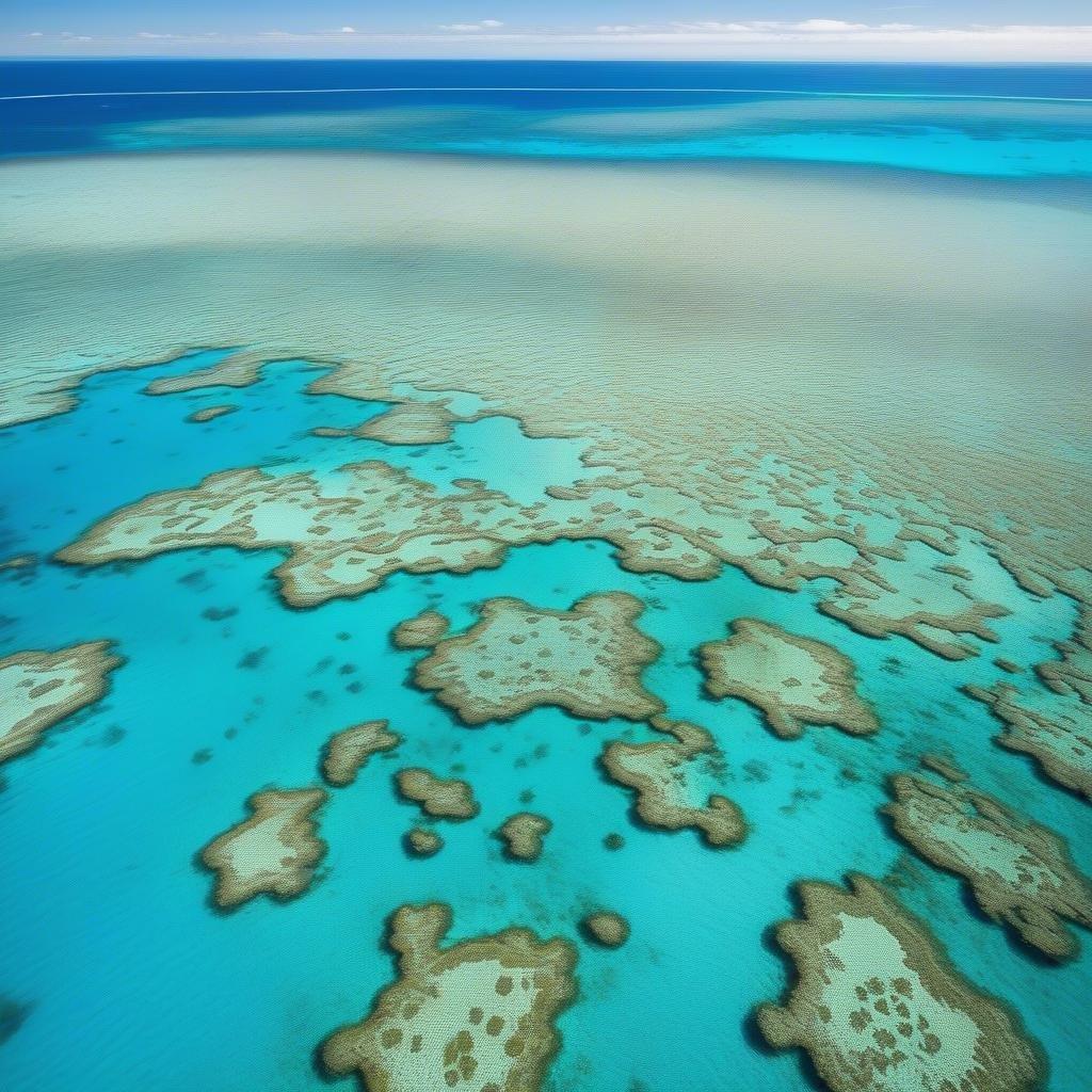 This vibrant scene captures the breathtaking beauty of the Great Barrier Reef, showcasing its stunning coral formations that create a mesmerizing underwater landscape.