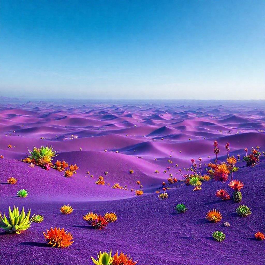 This sci-fi landscape wallpaper features a stunning desert scene with purple sand and vibrant flowers, creating a unique and captivating visual experience.