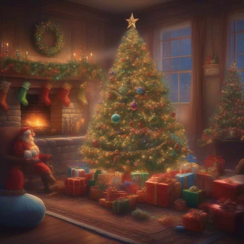 This wallpaper captures the magic of Christmas with a cozy scene of Santa Claus sitting by a warm fireplace, surrounded by beautifully decorated Christmas trees and presents.