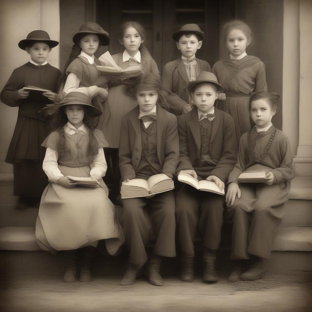 A nostalgic scene capturing the essence of students embarking on a new school year, dressed in attire from an earlier era.