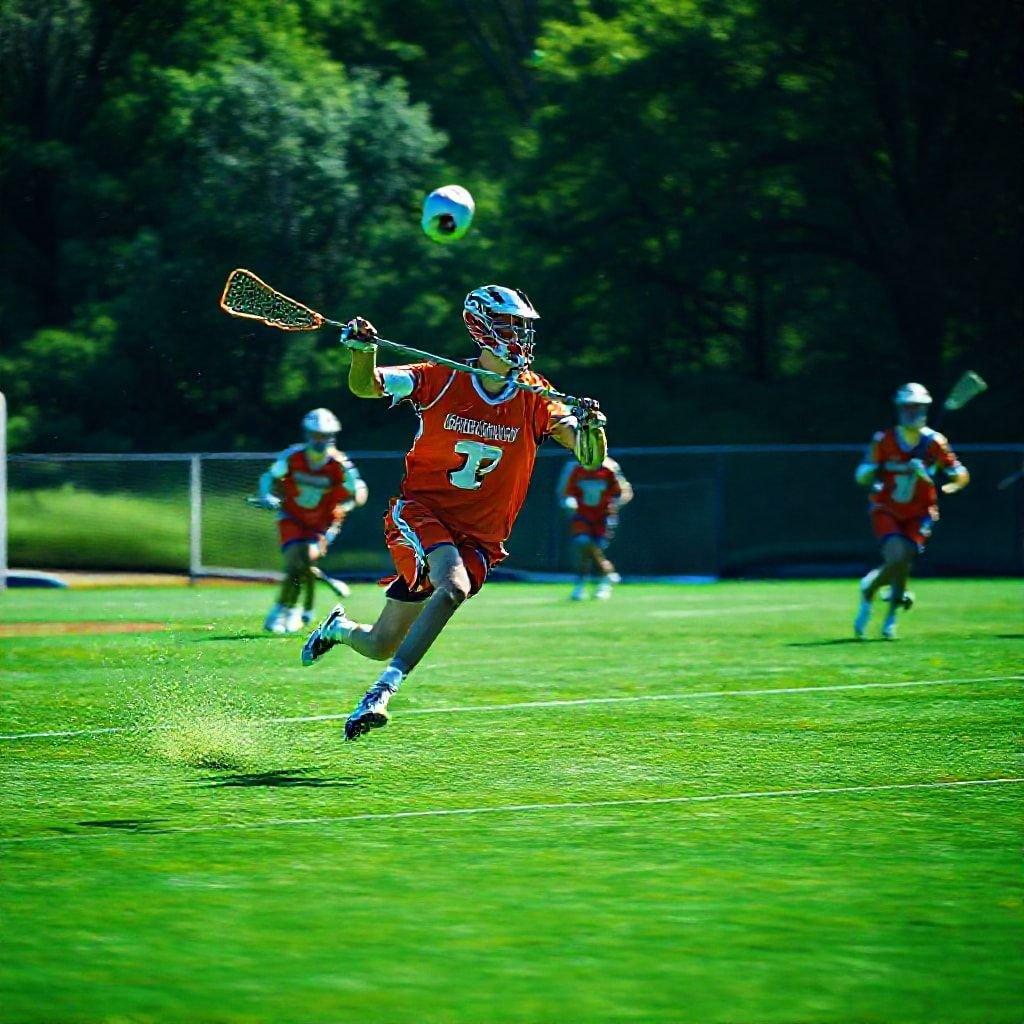 This image captures an intense moment during a lacrosse game, showcasing the speed and agility of the athletes. The players are dressed in their team uniforms with vibrant colors that stand out against the green field. The action is frozen as one player skillfully maneuvers around another to take control of the ball. This dynamic image would be perfect for sports enthusiasts looking to bring a piece of the thrilling game onto their desktop or mobile device.