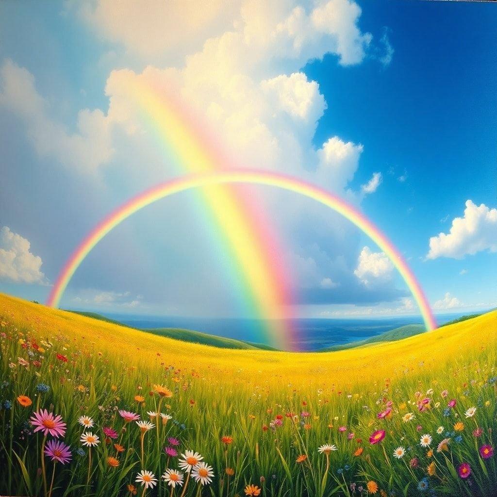 Ce fond d'écran présente un magnifique arc-en-ciel au-dessus d'un champ de fleurs, créant une scène à couper le souffle qui est parfaite pour tout appareil de bureau ou mobile.