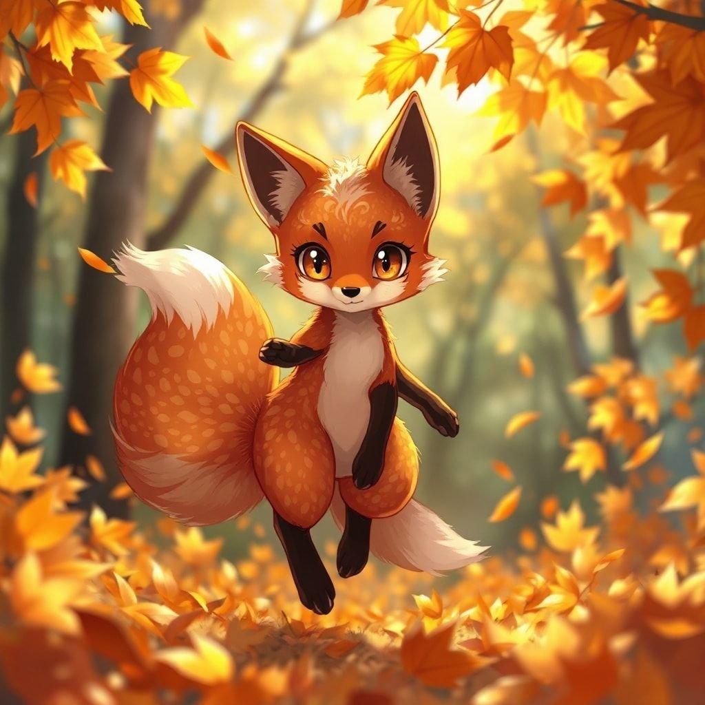 A beautiful anime illustration of a delicate fox spirit dancing in a field of autumn leaves, with a focus on its expressive eyes.