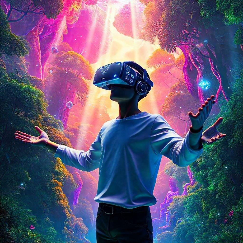 A person immersed in an enchanting virtual reality landscape, embracing the wonders of technology.