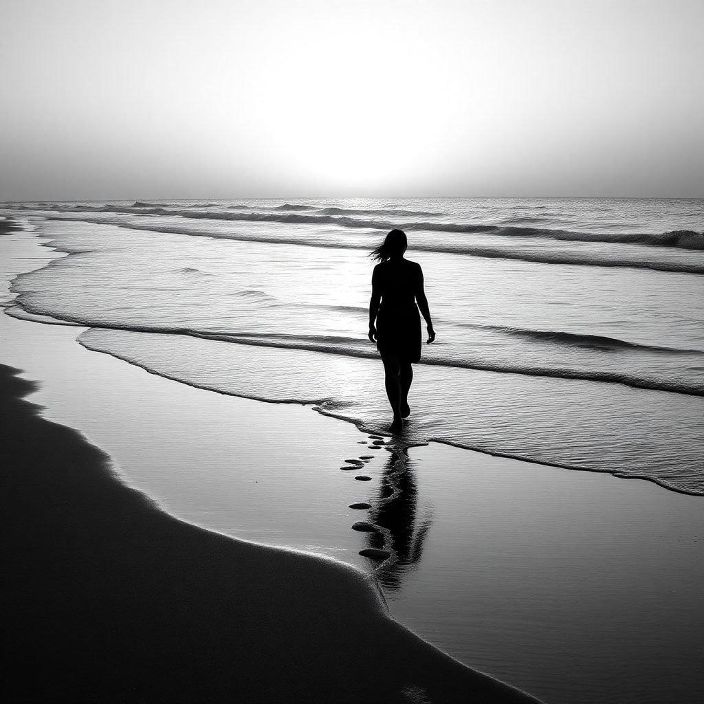 Uma cena tranquila na praia, com pegadas seguindo a maré que recua. Uma figura solitária caminhando em direção ao horizonte, contemplando o dia que passa.