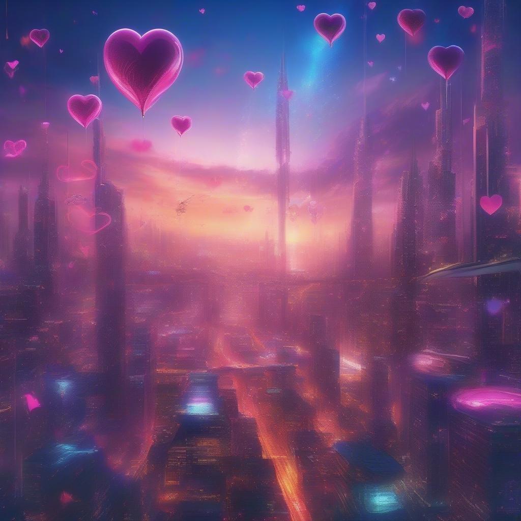 Experience a romantic cityscape illuminated by a sky aglow with the soft hues of sunset. Streets crisscross and towering skyscrapers reach for the heavens as pink hearts rain down from above, casting a magical glow on the urban landscape.