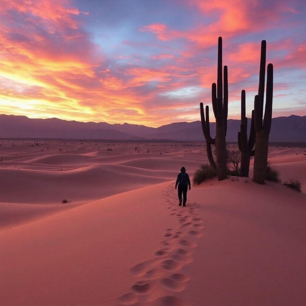 An adventurer exploring the mesmerizing desert landscape with striking purple hues during sunset.