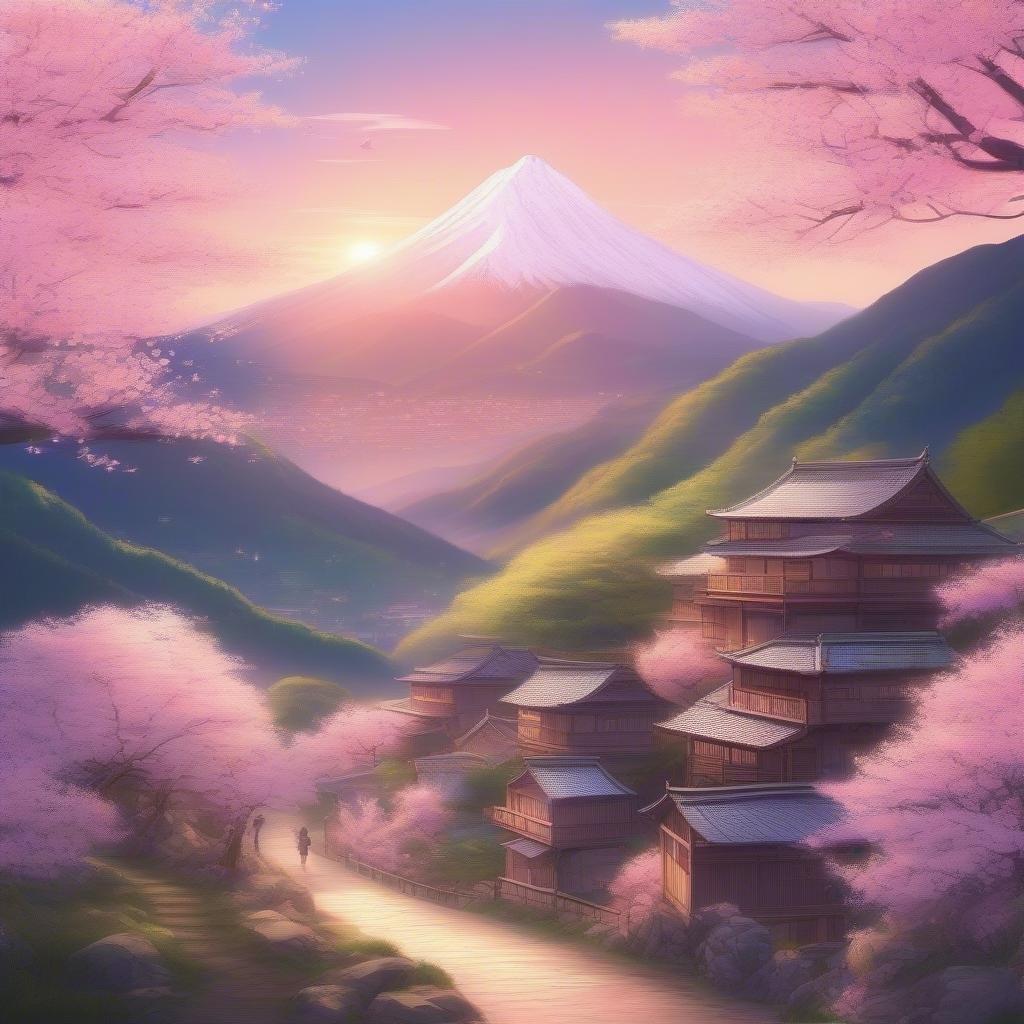 En esta serena ilustración de estilo anime, un pintoresco pueblo montañés está envuelto por el suave tono rosa de los cerezos en flor. La escena idílica se encuentra en la cima de una hermosa cordillera, con un majestuoso volcán a lo lejos bajo el cálido resplandor de un sol poniente.