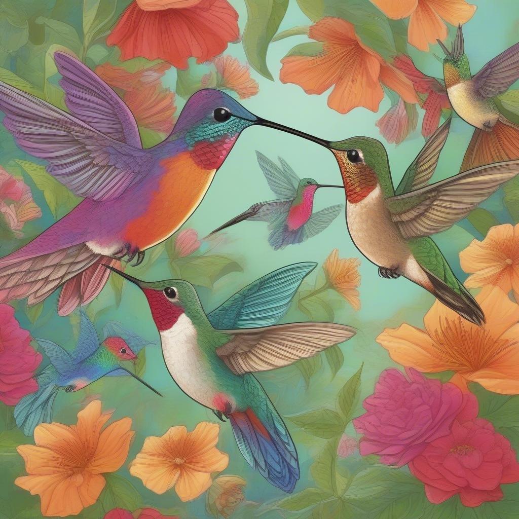 A vibrant depiction of hummingbirds in a floral setting, bringing color and life to your screensaver.