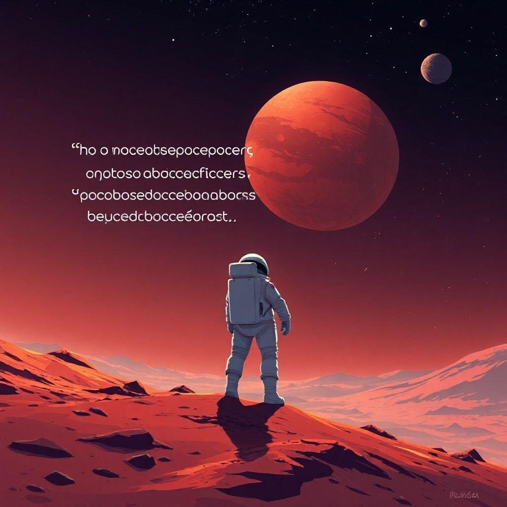 An astronaut on Mars, gazing at the stars with a cosmic quote etched into the Martian sky. The perfect wallpaper to inspire and contemplate.