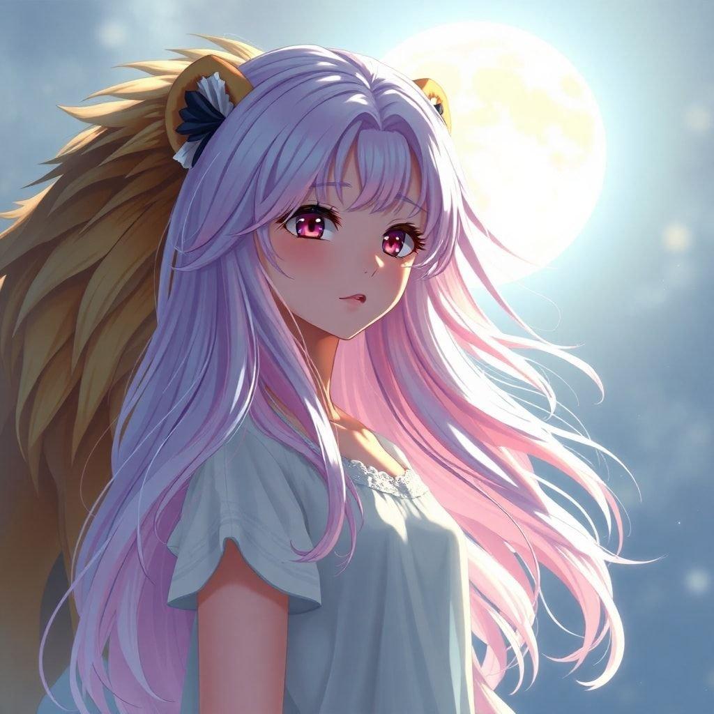 This captivating anime girl illustration features a shy high-school girl with a stunning white and pink hairstyle, set against the serene backdrop of a full moon and a majestic lioness. The detailed digital artwork showcases the girl's steadfast gaze, creating a moment of tranquility that is both captivating and soothing.