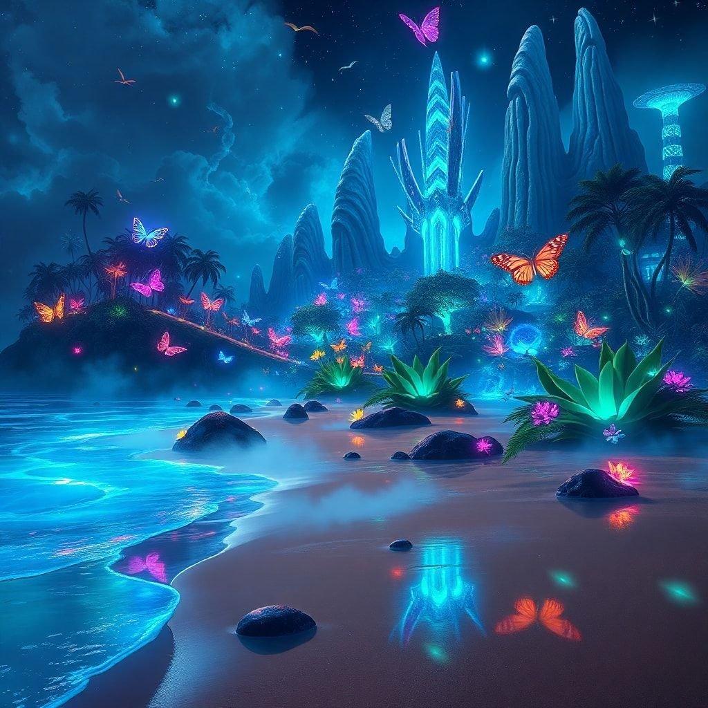 A breathtaking sci-fi landscape where the beach meets a fantastical world. A vibrant neon glow illuminates the shimmering blue water and the ethereal pink sky, with floating islands and otherworldly architecture in the distance.