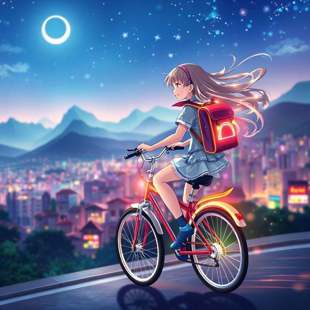 This anime-style illustration captures a serene moment of a young girl riding a bicycle through a dreamlike cityscape, with a magical, glowing backpack and hair that flows like a waterfall. The vibrant city glows with stars and a crescent moon, while the misty mountains in the background add depth to the scene.