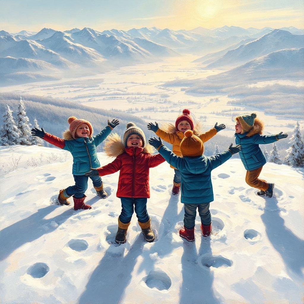 A joyful winter scene featuring children enjoying the snow together on a mountain top.