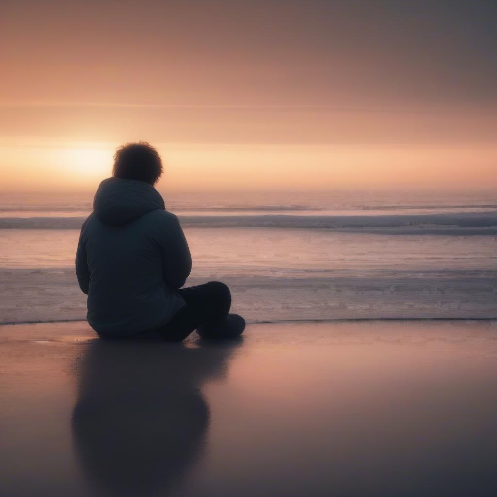 Una persona disfrutando de la belleza de un atardecer en la playa, con suaves olas acariciando la orilla. Esta imagen captura la tranquilidad y la paz de terminar un año.