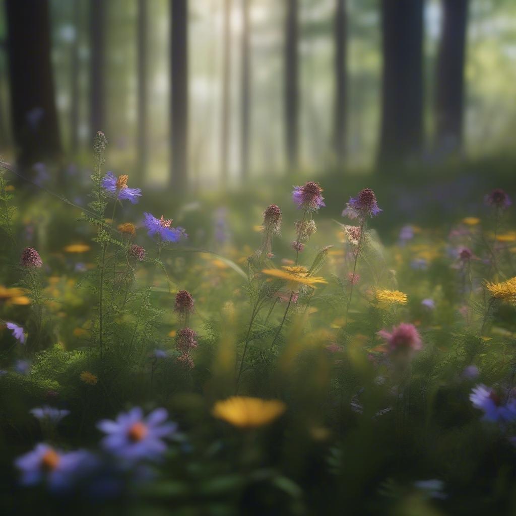 A serene woodland scene with vibrant wildflowers and gentle mist.