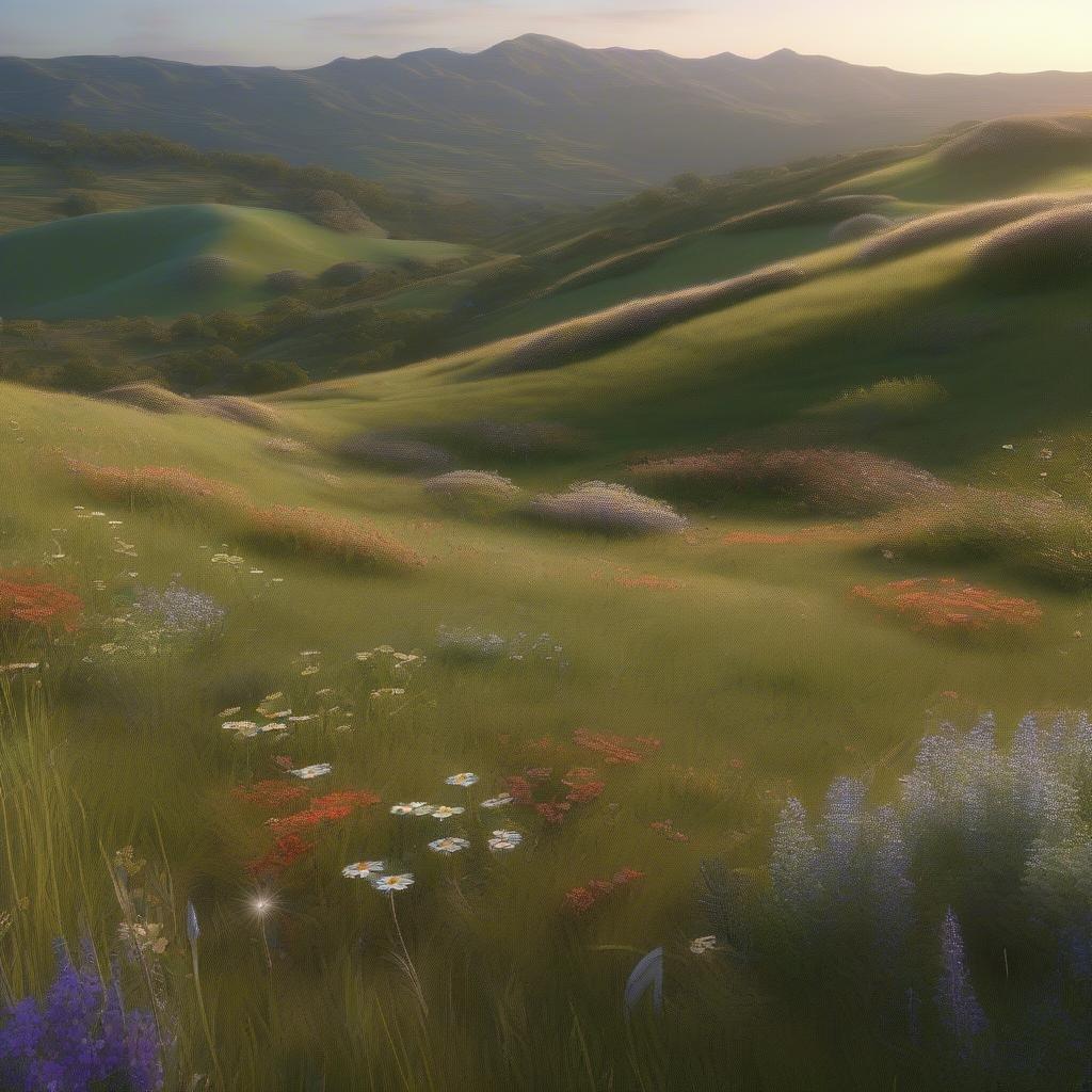 This stunning panorama captures the essence of a serene landscape, where rolling hills meet the horizon under a soft glow of a setting sun. The vibrant colors and detailed 3D art bring this idyllic scene to life, making it an ideal wallpaper for desktop and mobile screens.