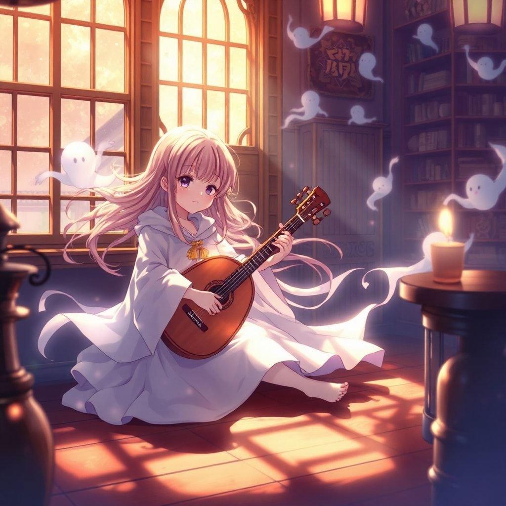 Este papel de parede de anime apresenta uma jovem com longos cabelos esvoaçantes, vestida com uma capa branca e segurando um shamisen, sentada em uma casa de chá assombrada. A cena é preenchida com uma atmosfera caprichosa, com um toque de mistério e intriga.