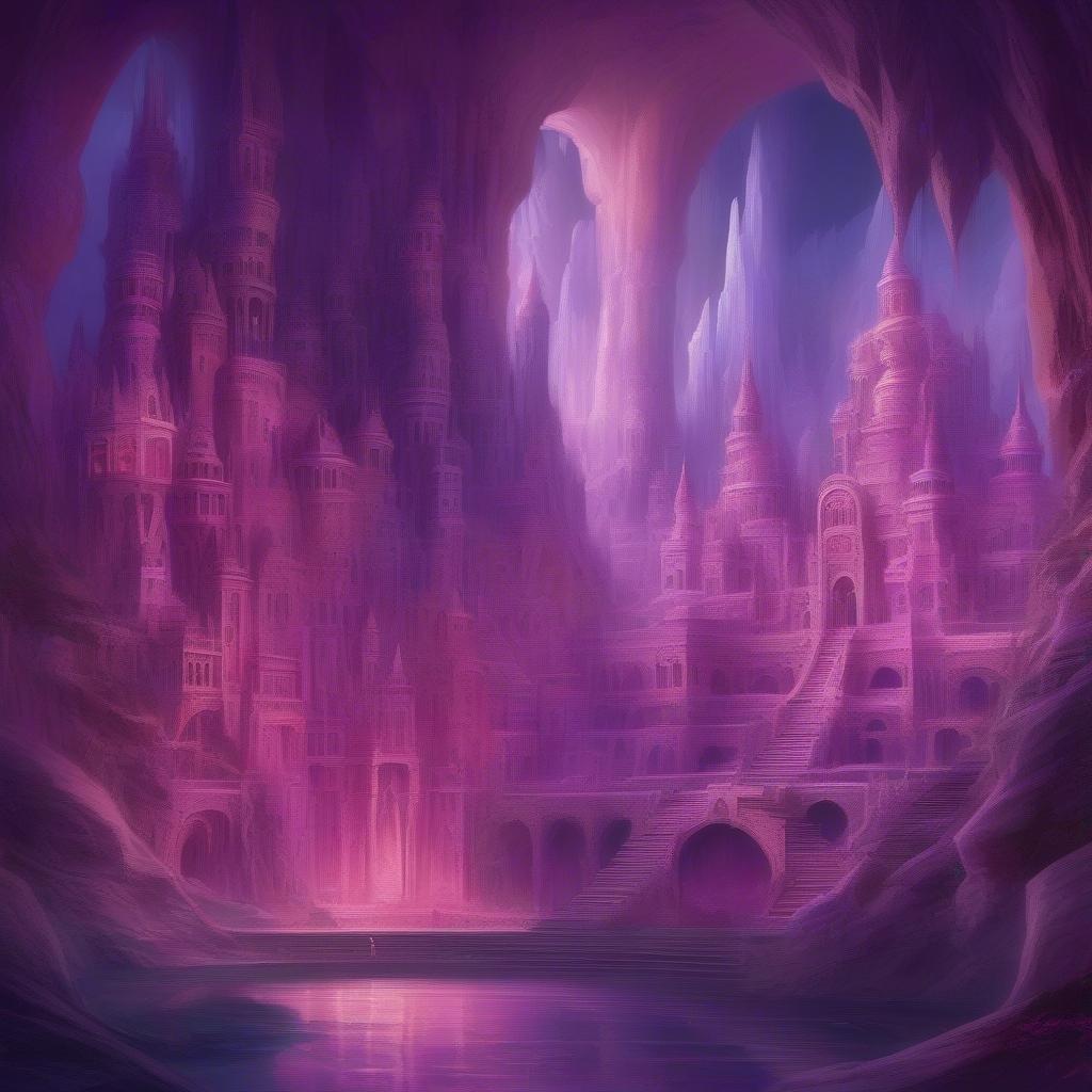 Descend into the magical realm of this enchanting pink cave, a fantastical world where ancient stone structures stand tall against the soft glow of warm light. Step onto cobblestone paths and bridge over tranquil water, as you explore the mysteries that lie within.