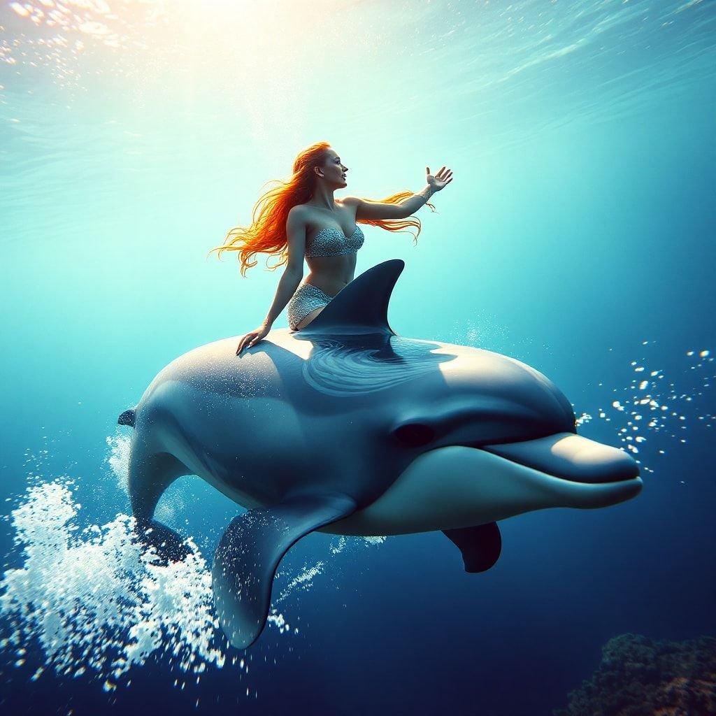 A beautiful mermaid riding a dolphin in the ocean, capturing the freedom and joy of the underwater world.