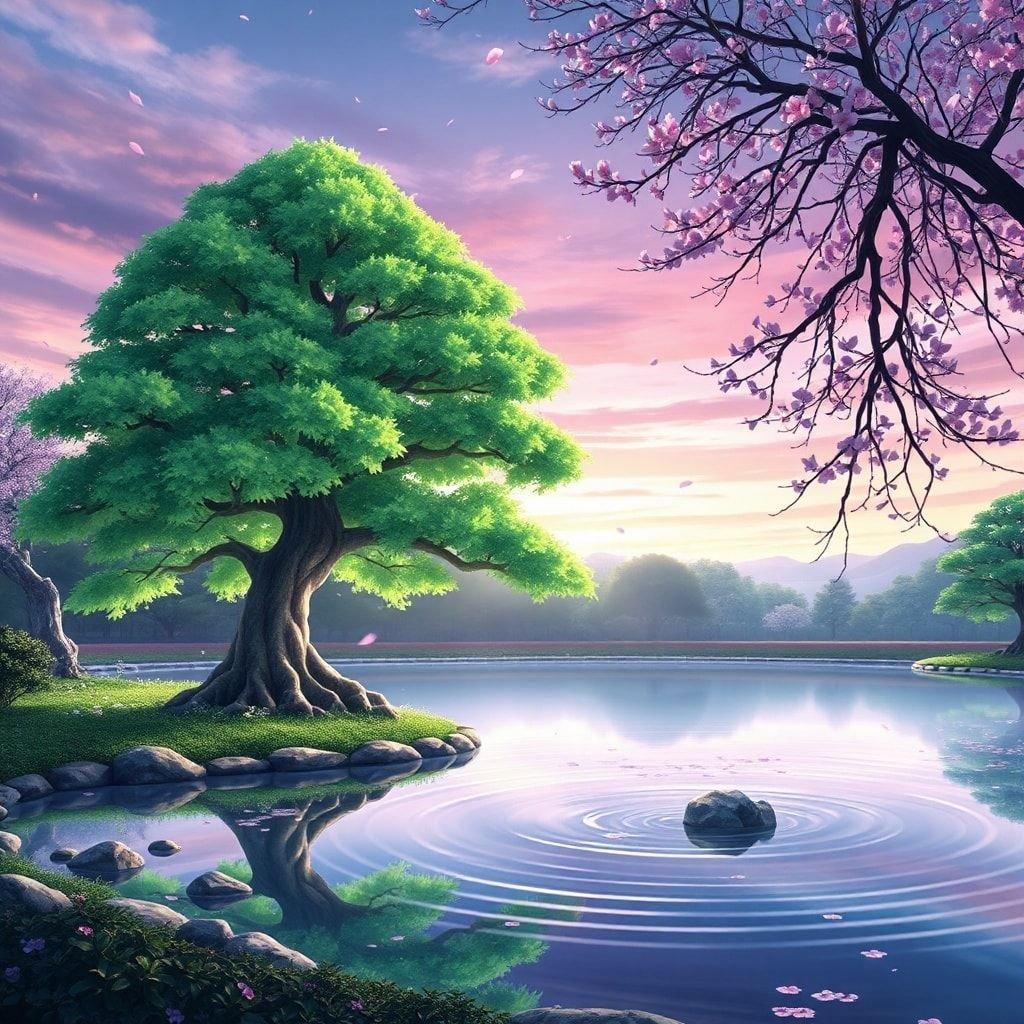 Step into the serene world of a Japanese garden as the day gives way to dusk. A large bonsai tree with glowing green leaves stands proudly, overlooking a tranquil pond that mirrors the sky above. This anime-inspired image captures the peaceful moment before sunset, where nature's beauty is in full bloom.