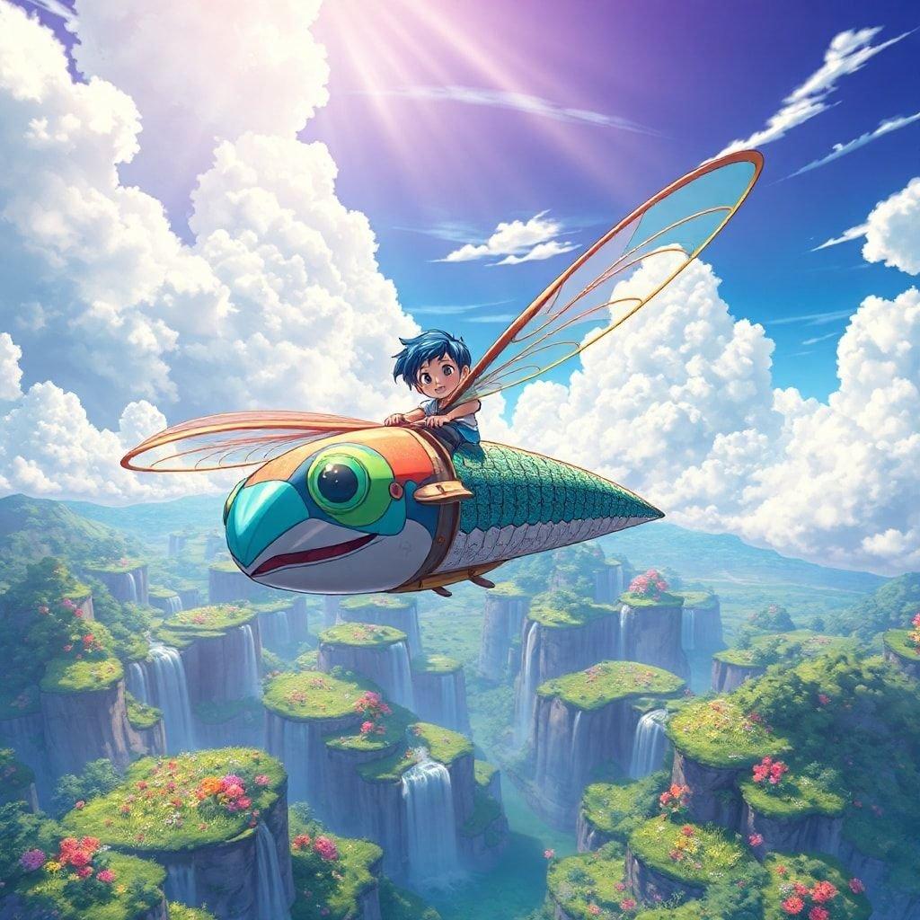 Experience the magic of anime in this captivating fantasy landscape, where a young boy rides a dragonfly-shaped airship above a breathtaking vista of floating islands.