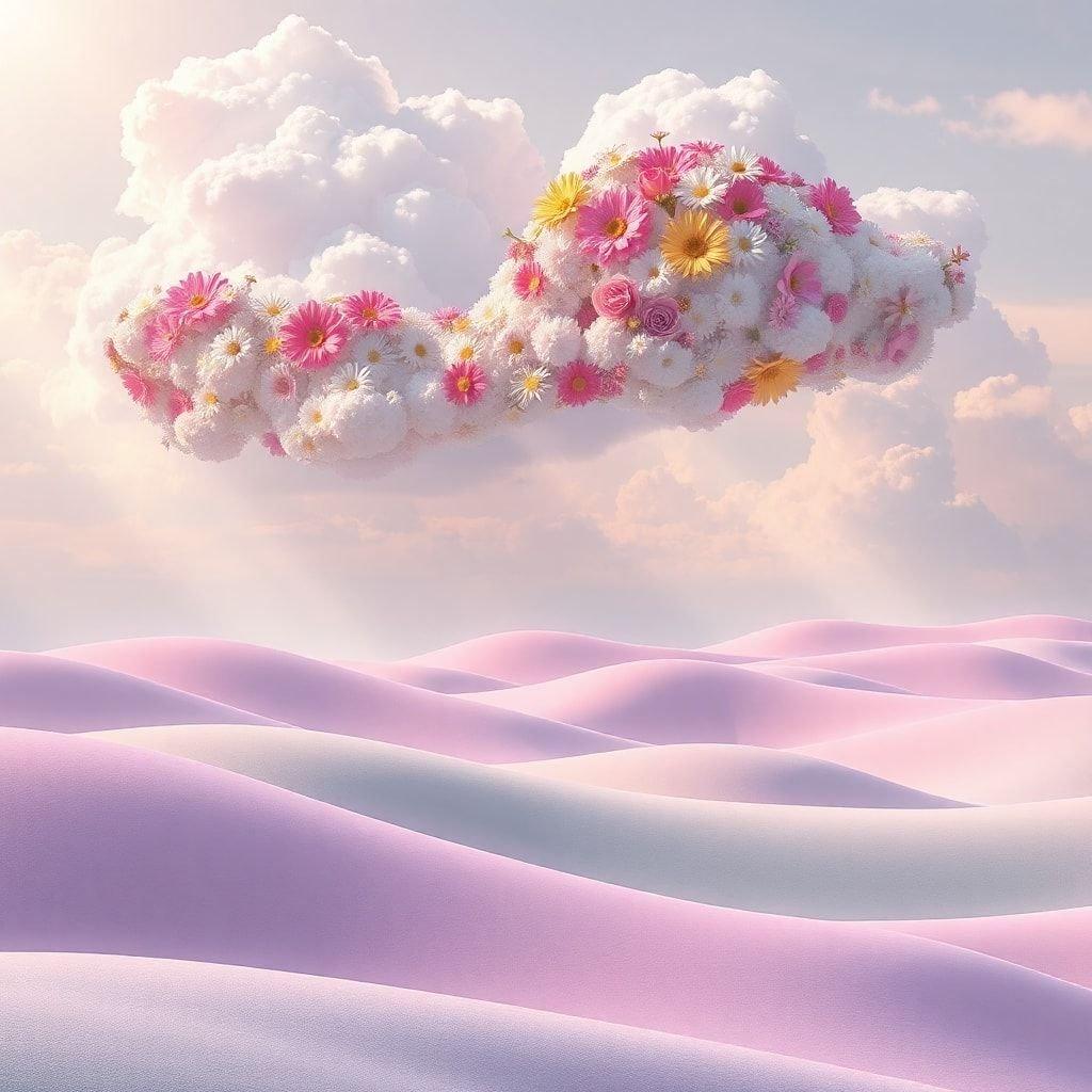 Drømmende digital kunst med en blomster sky, der svæver over fantasifulde rosa sanddyner og fremkalder følelser af ro og fantasi.