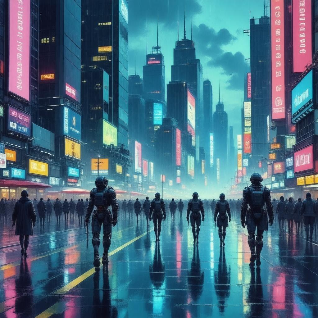 A captivating digital illustration of a futuristic city at night, where robots and humans coexist amidst a sea of holographic advertisements.