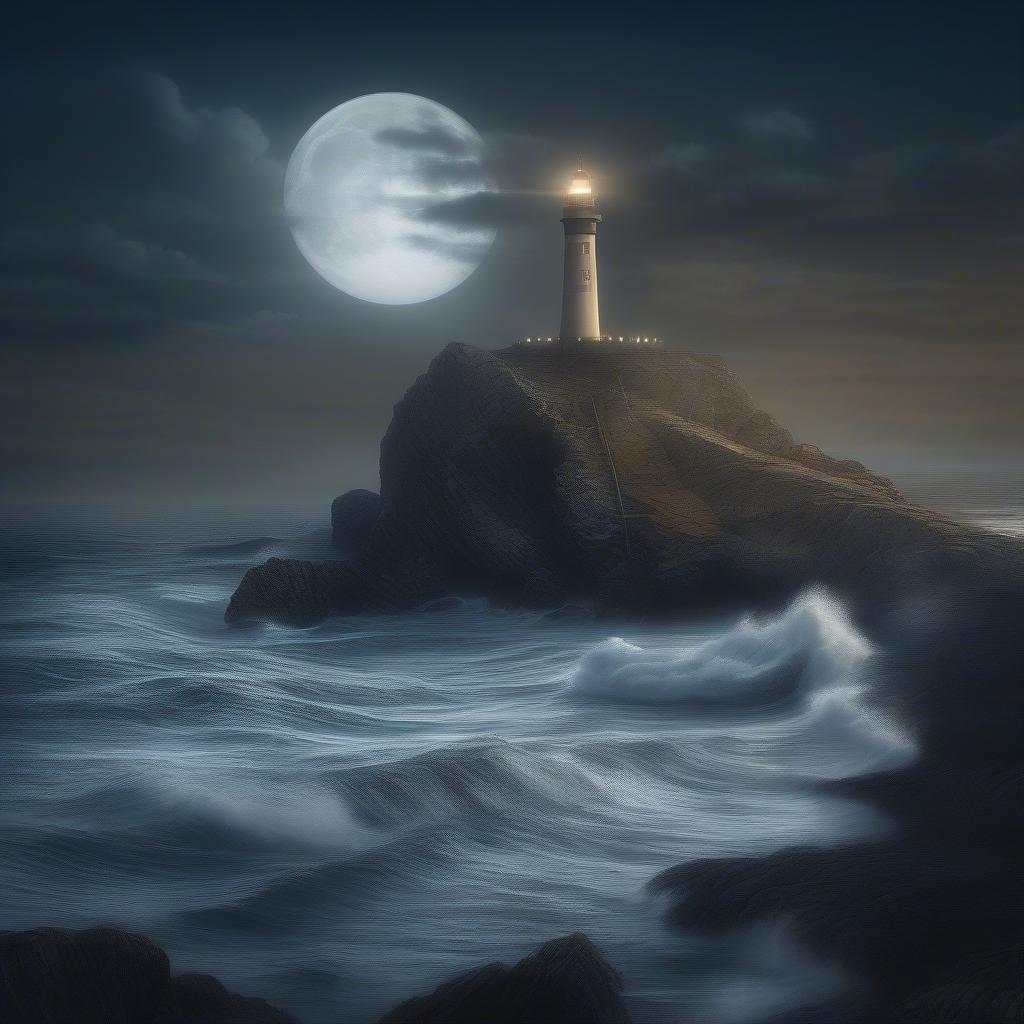 Un misterioso faro che si erge alto sul bordo dell'oceano, immerso nell'inquietante luce della luna piena. Le onde si agitano e si infrangono contro la scogliera frastagliata mentre la notte scende su una costa tempestosa.